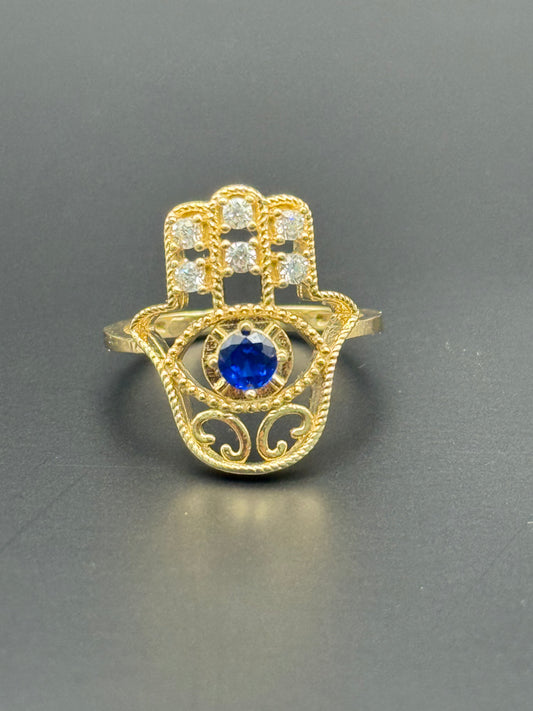RING BLUE HAMSA HAND IN 14K GOLD