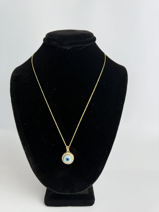CADENA FINA CON MEDALLA DE OJO TURCO AZUL EN ORO DE 14K