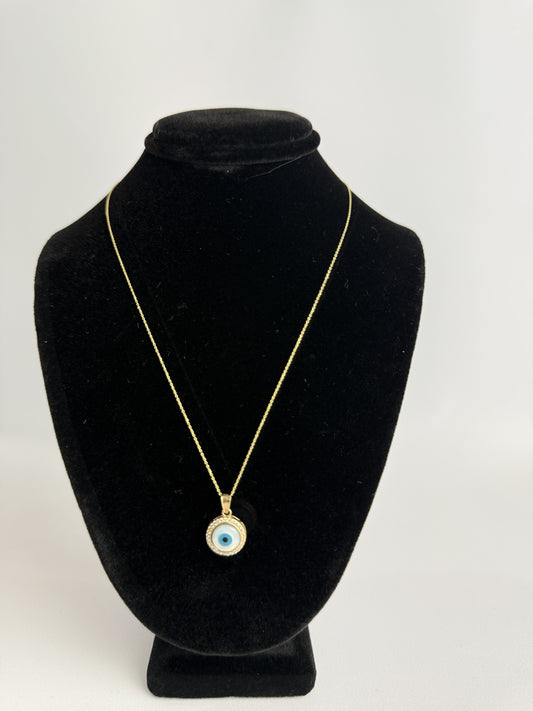 CADENA FINA CON MEDALLA DE OJO TURCO AZUL EN ORO DE 14K