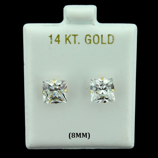 SQUARE EARRINGS WITH ZIRCONIA STONE IN 14K GOLD 8MM