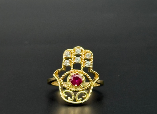 RING RED HAMSA HAND IN 14K GOLD